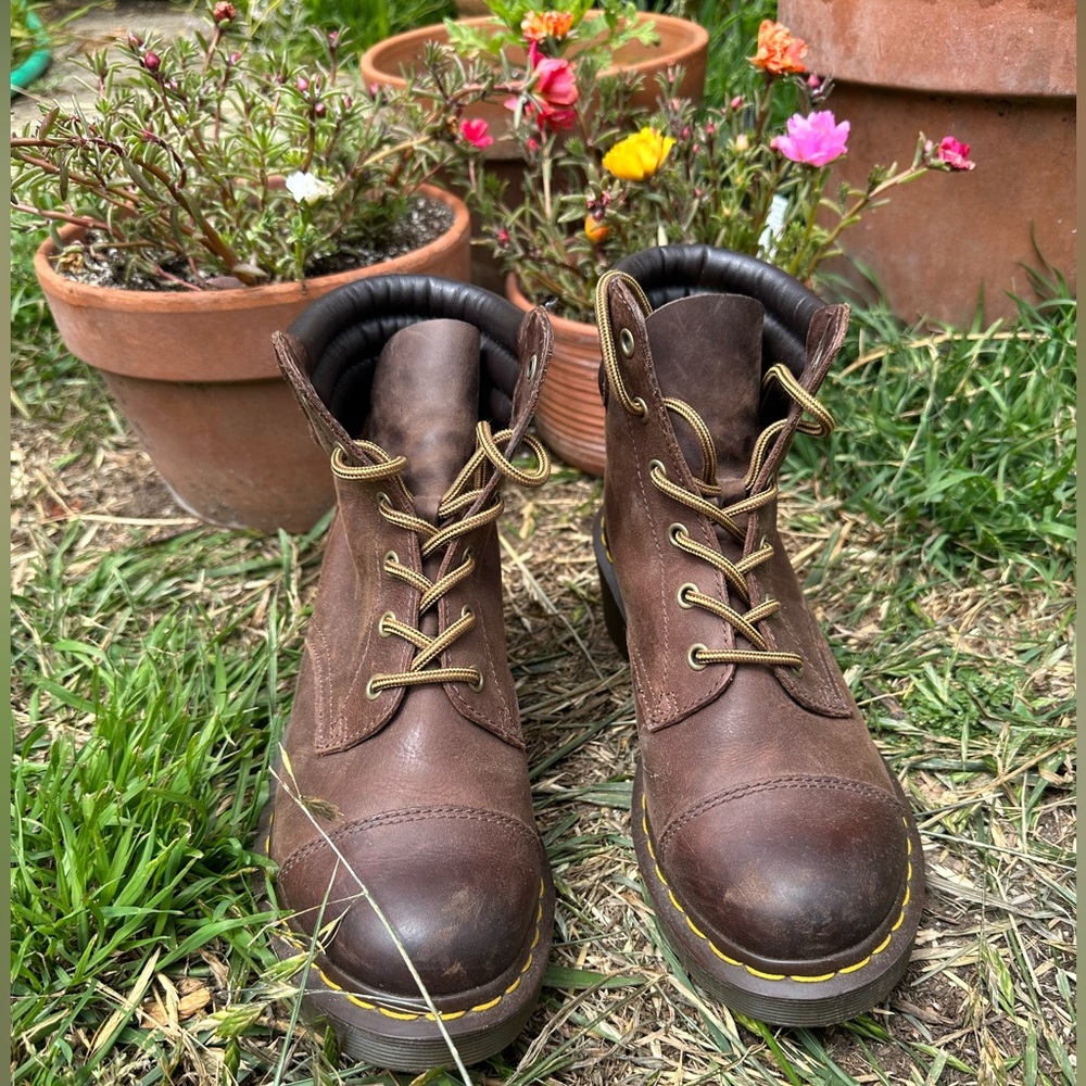 Dr Martens Alexandra 6-eye padded collar boot in dark brown with heel!